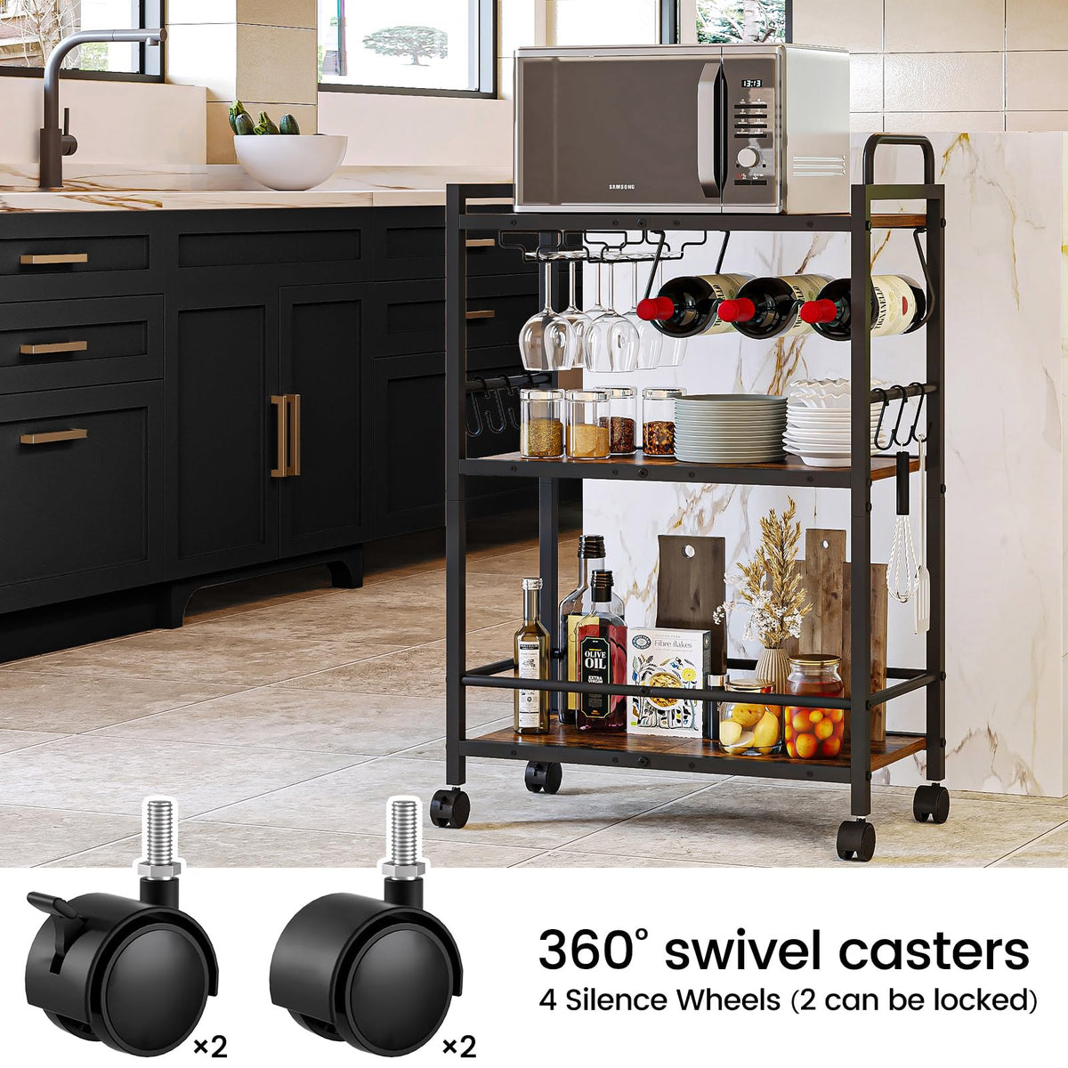 Homedawn bar cart bottom guard rail keeps bottles secure.