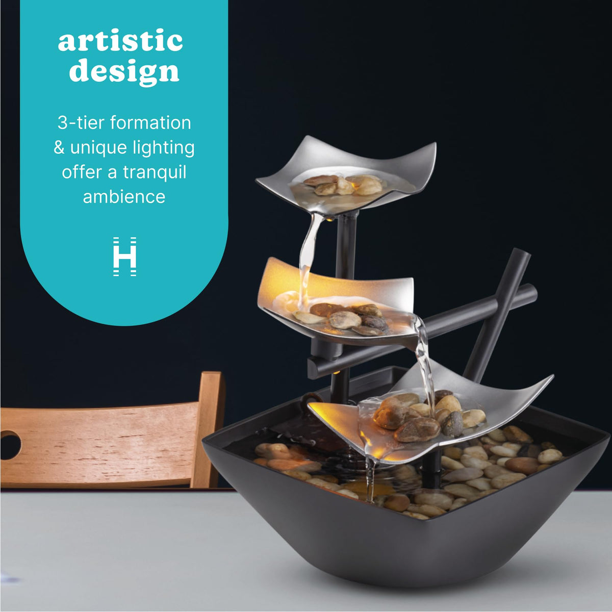 Homedics Silver Springs Fountain LED glow adds warm ambiance.