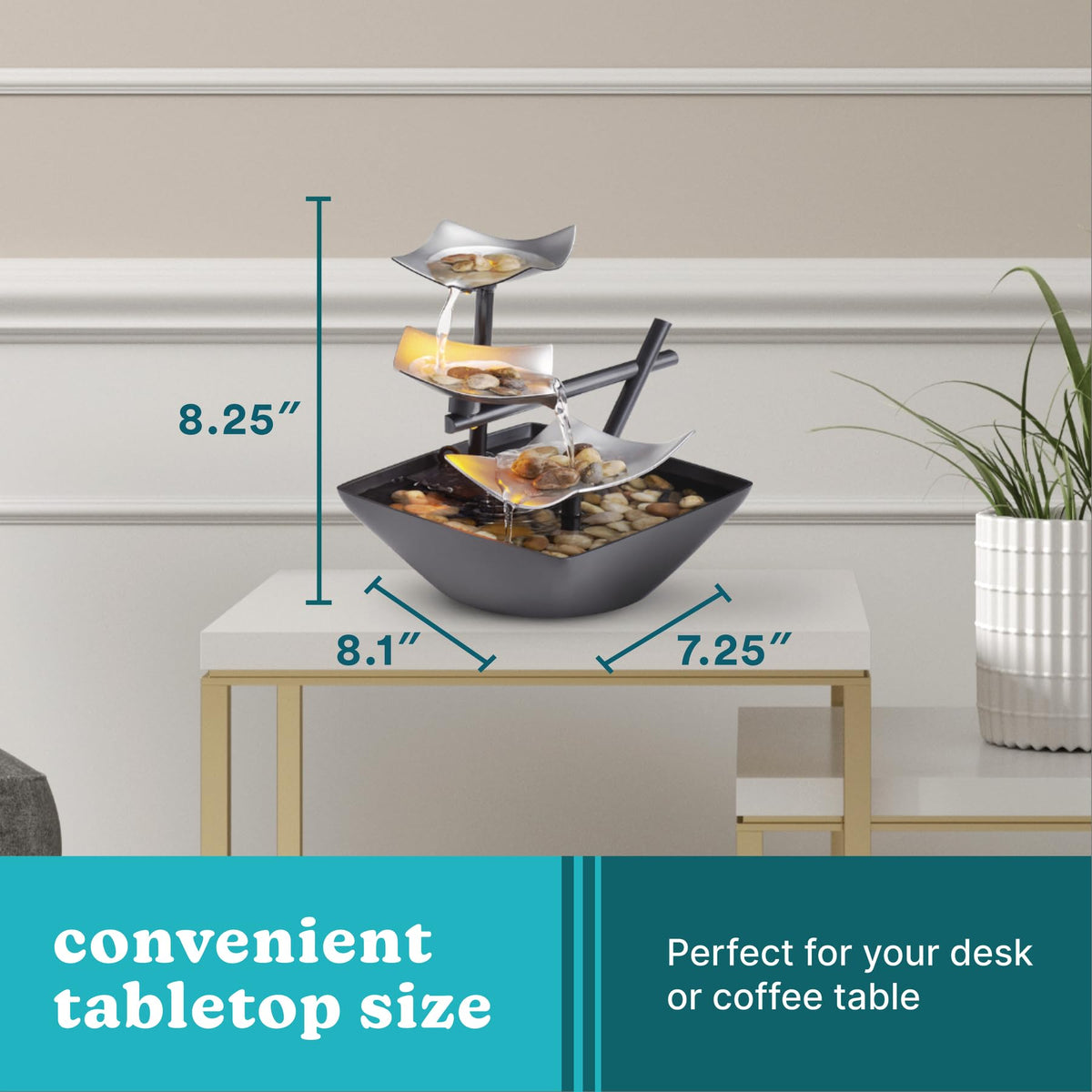 Homedics Silver Springs Fountain living room ambience boosts relaxation.