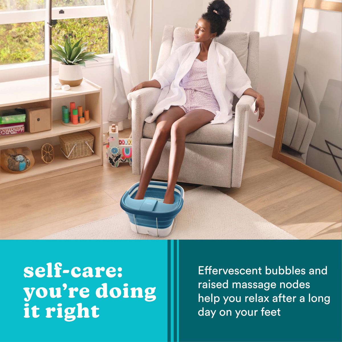 Homedics Smart Space Bubble Mate foot spa in use with bubbles and warm water.