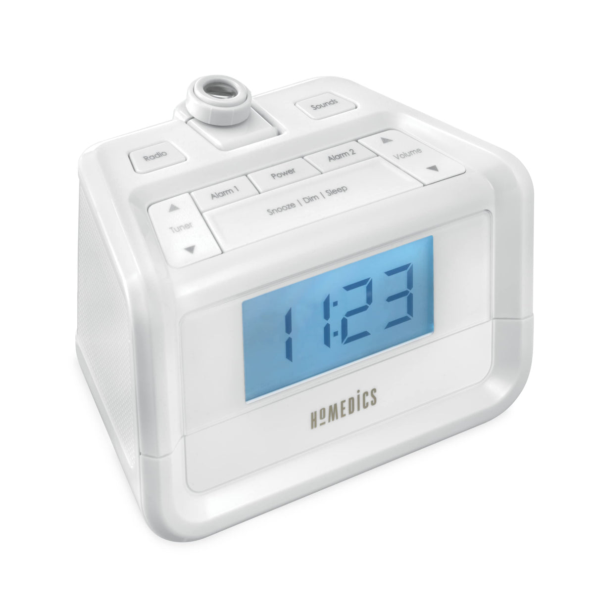 HoMedics SoundSpa time projection displays blue LED time for easy nighttime viewing.