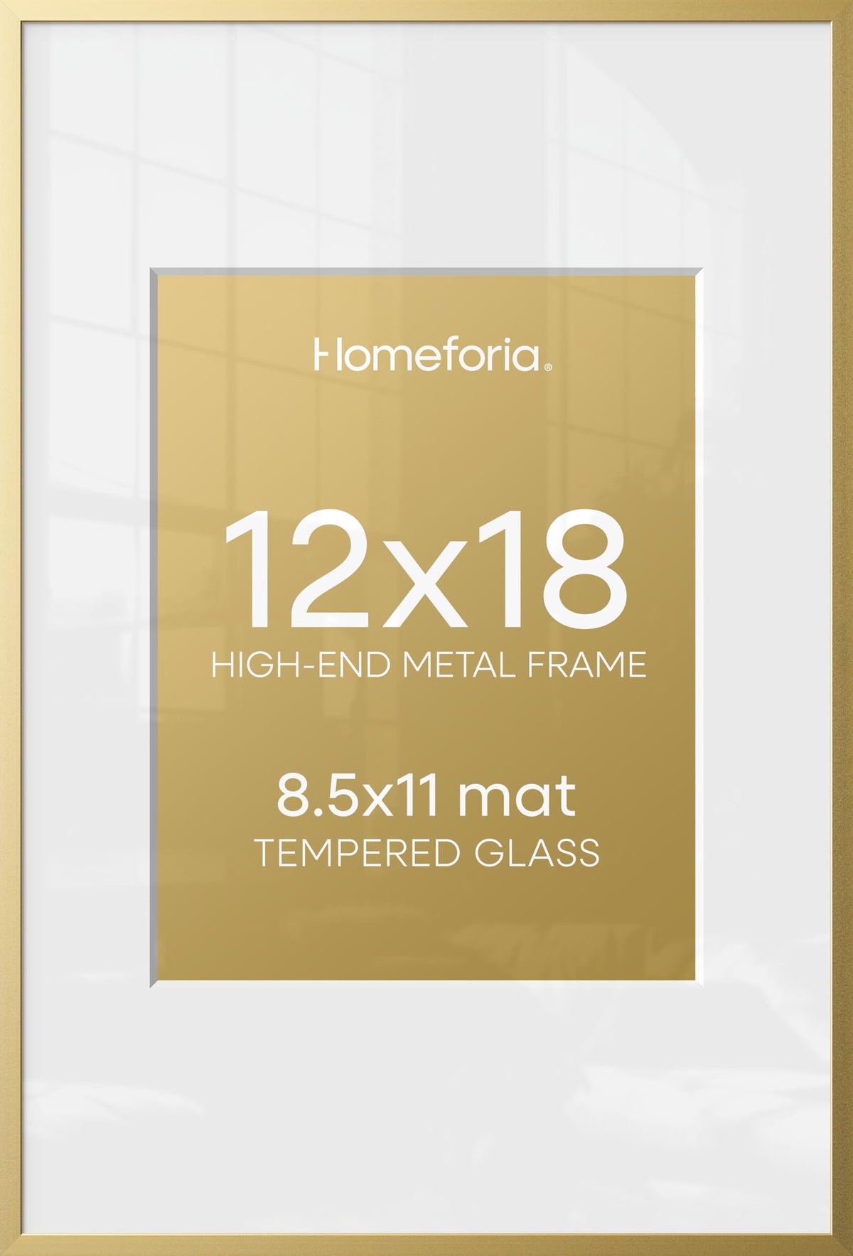Homeforia 12x18 gold frame front view with subtle glow and clean lines.
