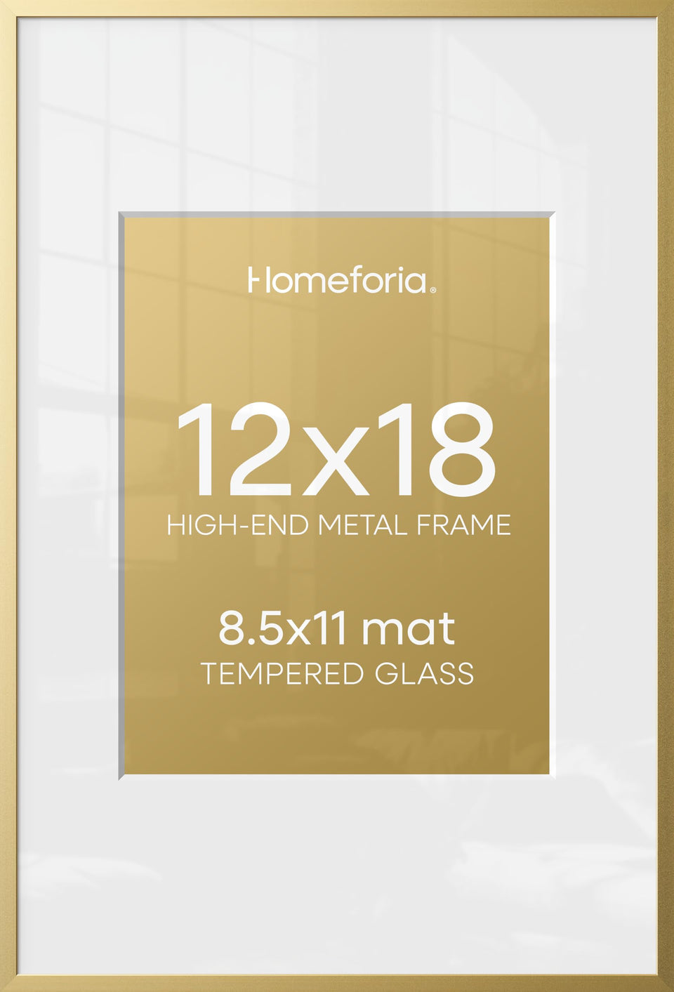 Homeforia 12x18 gold frame front view with subtle glow and clean lines.