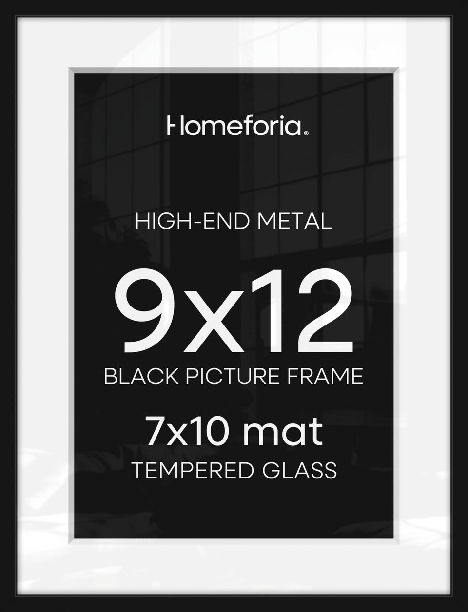 Homeforia 9x12 black frame front view with tempered glass for crisp, gallery-ready detail.