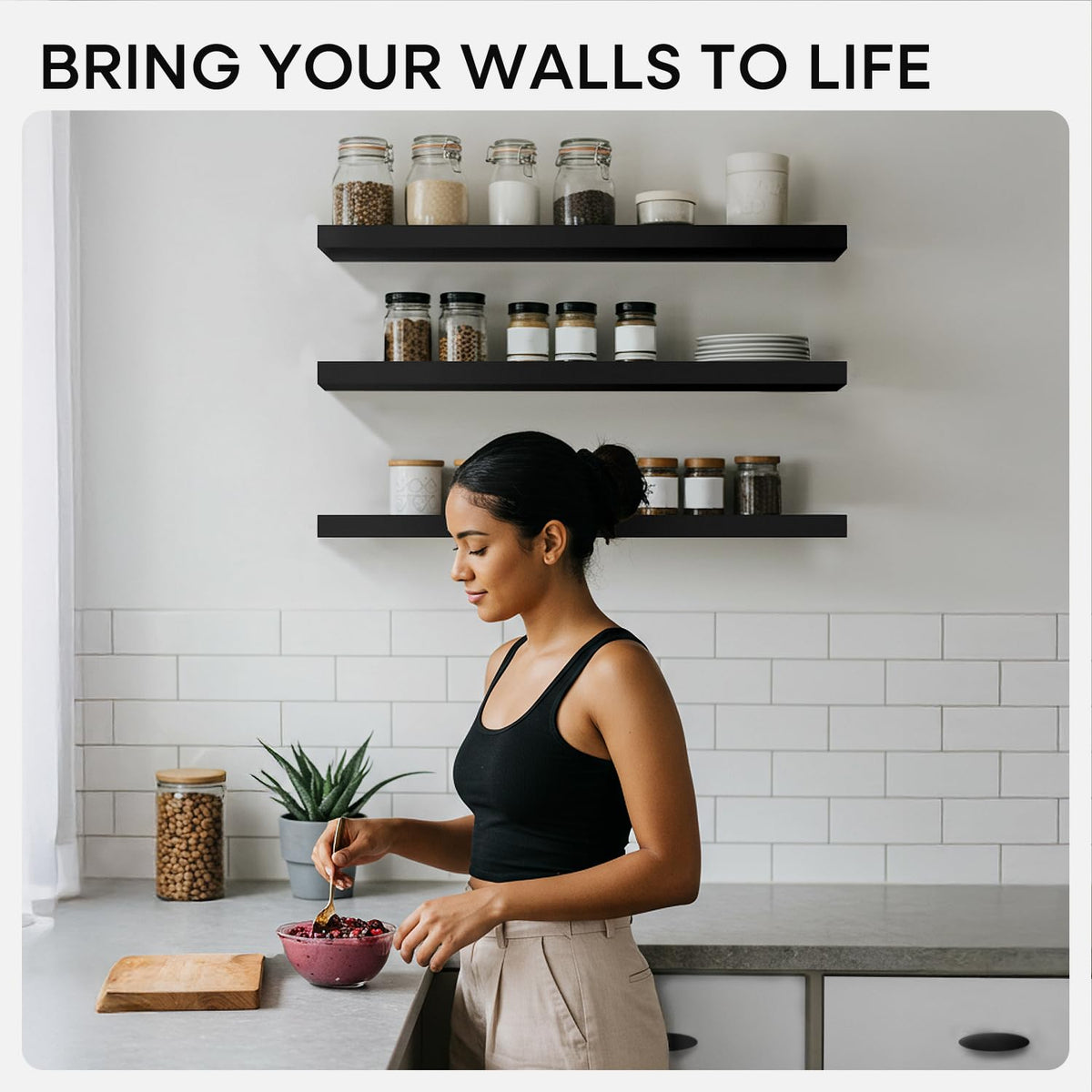Homeforia black floating shelves, side view, highlighting slim, flush-to-wall profile.