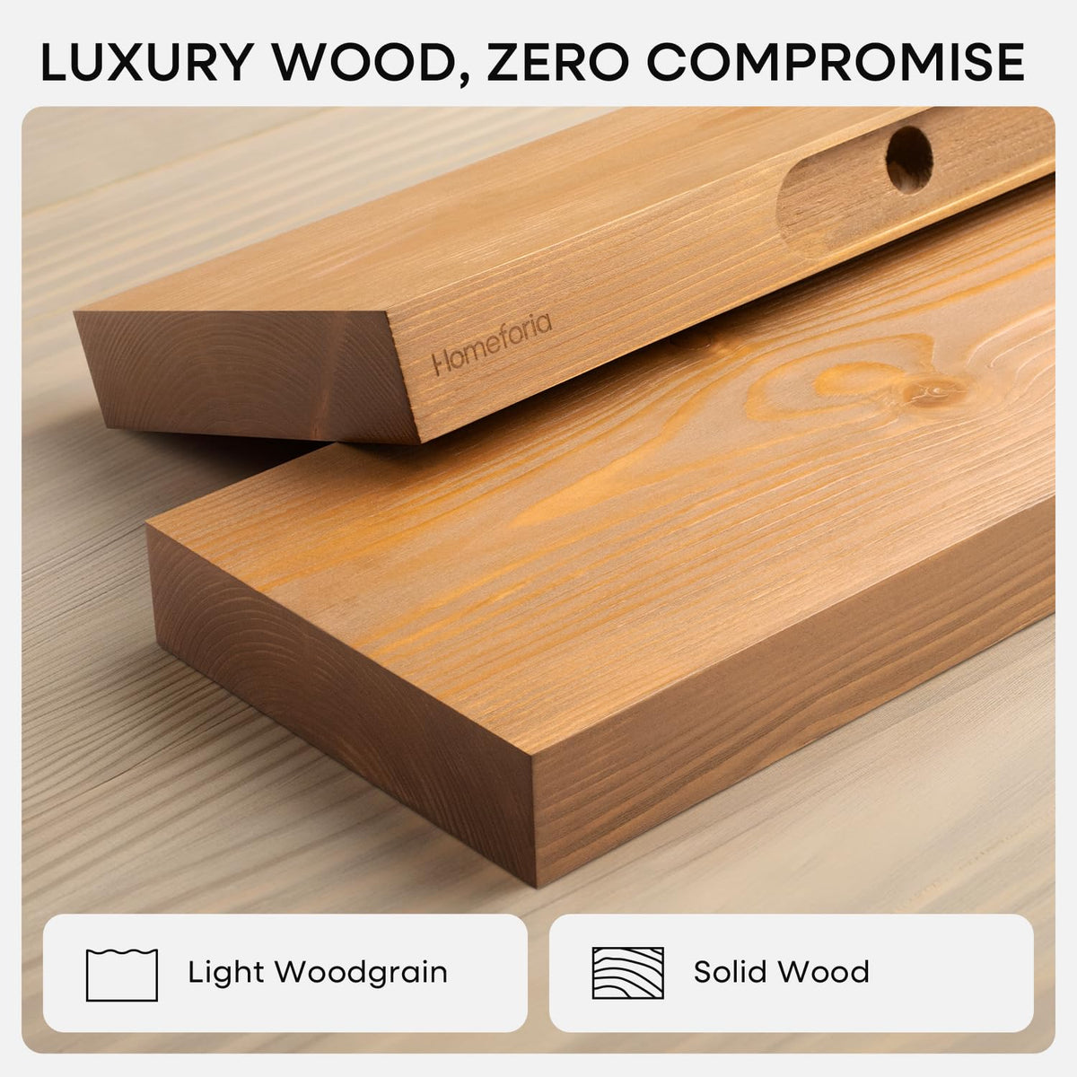 Homeforia golden oak floating shelf 30in assembly closeup shows easy mounting and clean lines
