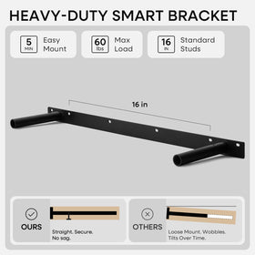 Homeforia heavy-duty bracket closeup on golden oak floating shelf