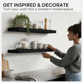Homeforia black floating shelves used in living room for decor.