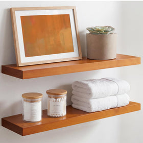 Homeforia oak floating shelf front view shows solid wood quality for display