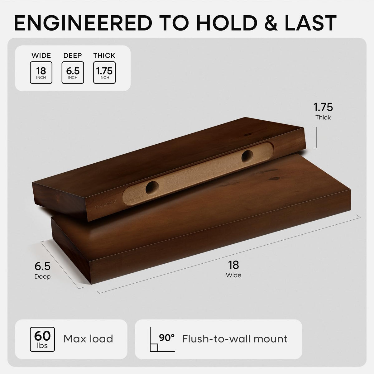 Homeforia Walnut 18-inch floating shelf mounted on wall demonstrates flush-to-wall look