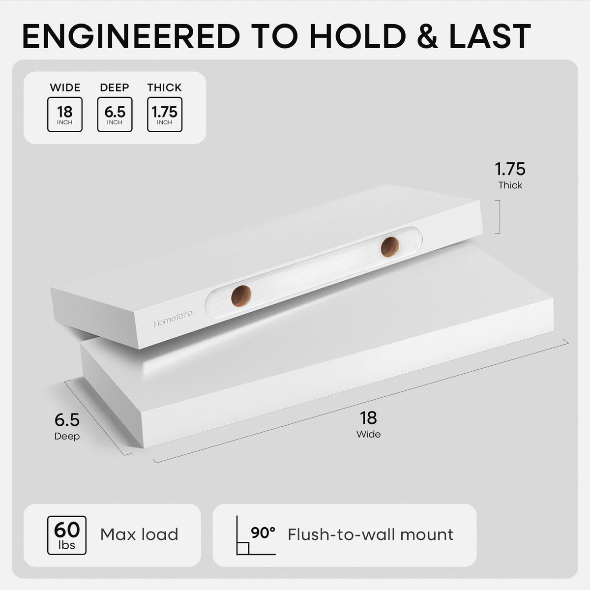 Homeforia White Floating Shelf 18 inch wall mount close-up shows hidden bracket