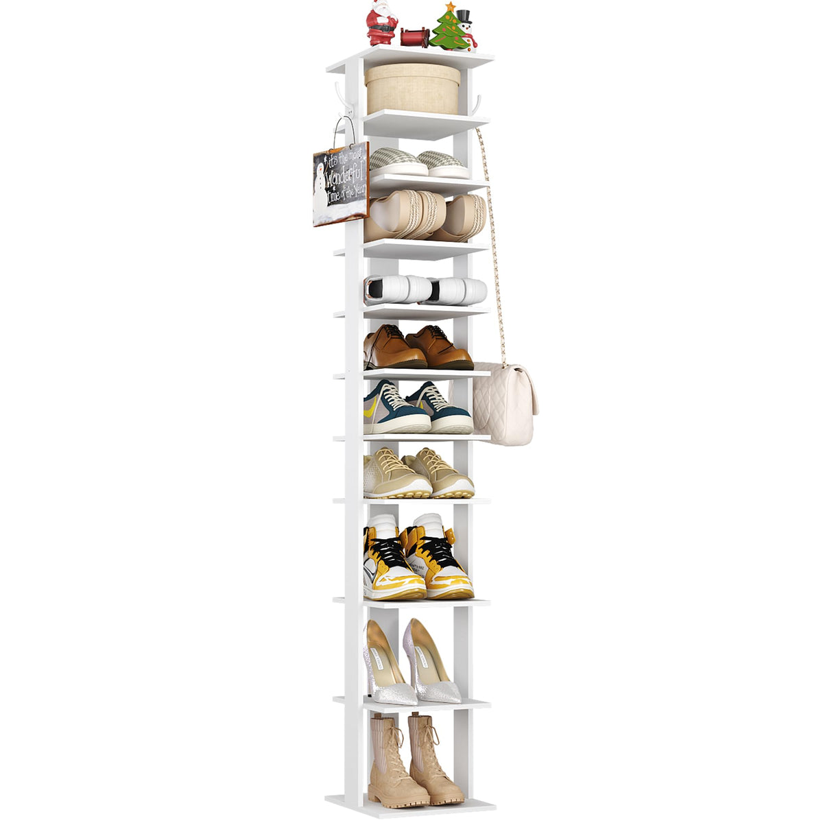 HOMEFORT 10-tier vertical shoe rack displaying stacked shelves in a small entryway for space efficiency
