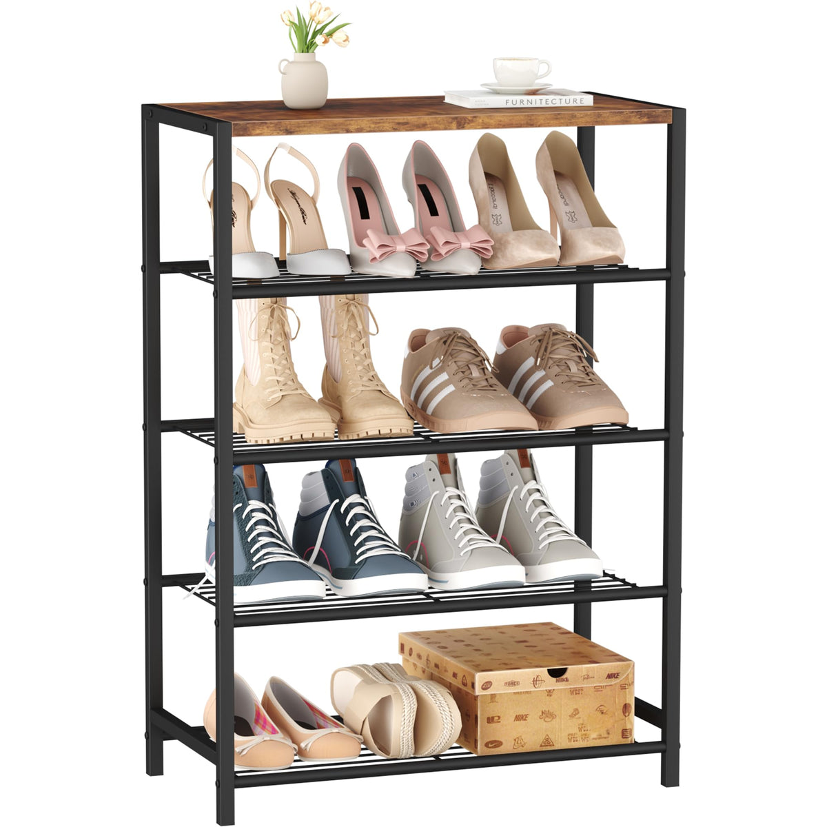 HOMEFORT 5-Tier Shoe Rack front view with spacious shelves for organized entryway shoes