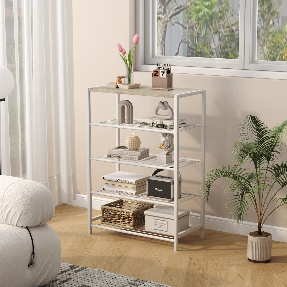 HOMEFORT shelf detail highlights durable metal shelves with wood-accent finish.