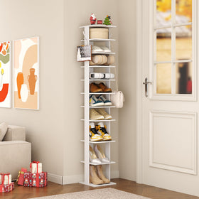 HOMEFORT compact wooden stand demonstrating varied shelf heights for different shoe types