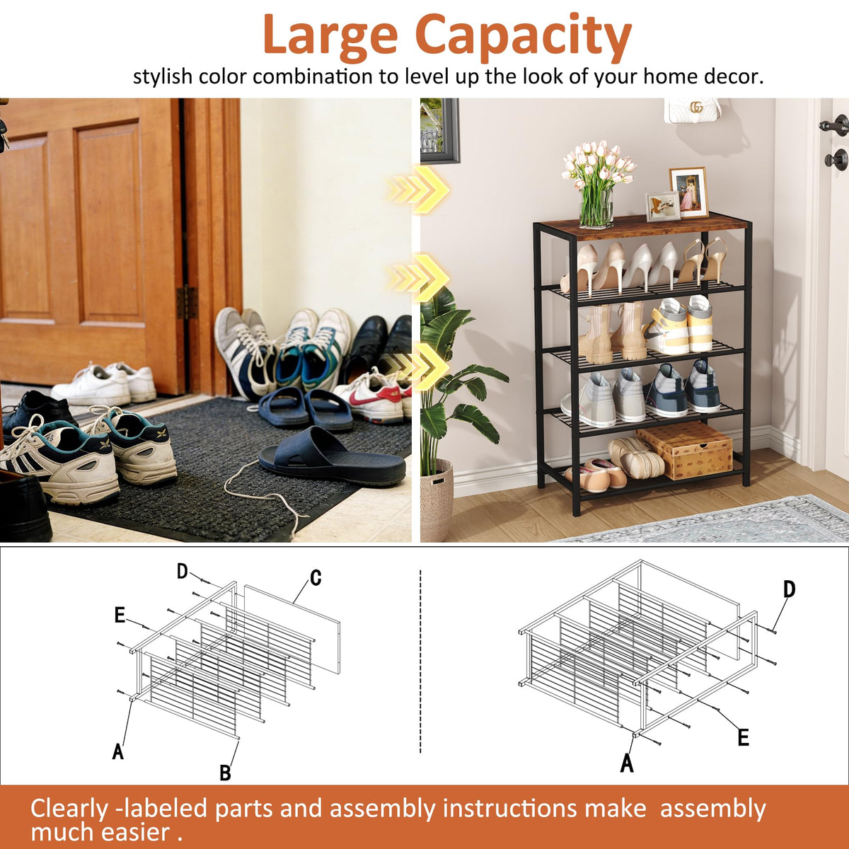 HOMEFORT rustic brown finish blends with decor while organizing shoes