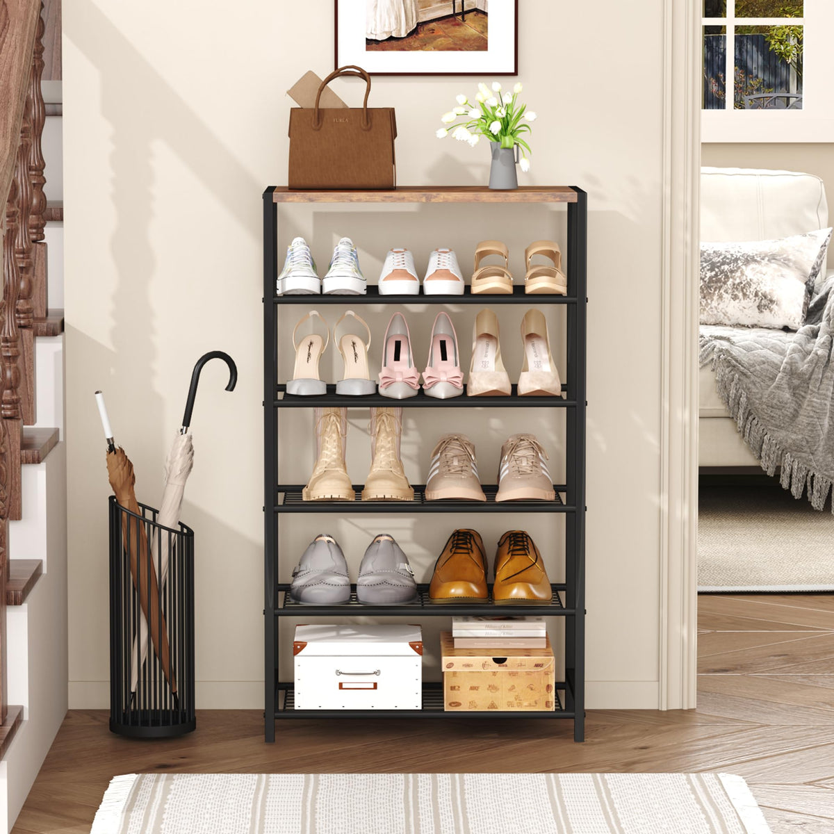 HOMEFORT entryway setup image showing efficient footwear organization near the door.