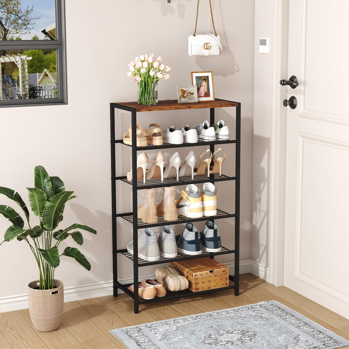 HOMEFORT shoe rack side view showing compact footprint for narrow spaces.