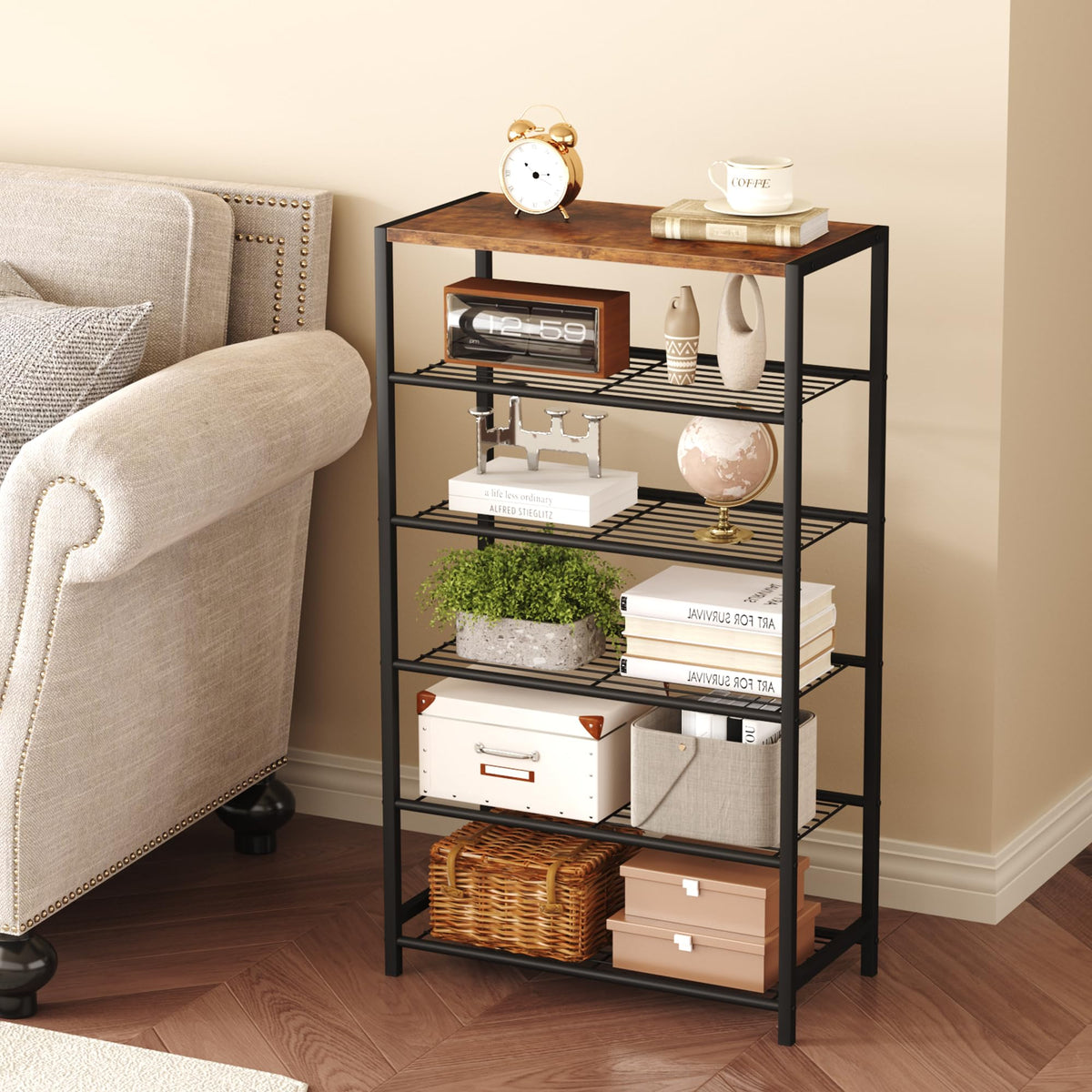 HOMEFORT shoe rack tabletop use; shows space for mail or purse on the top surface.
