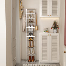 HOMEFORT tall-to-short shelf configuration highlighting boots to sneakers storage