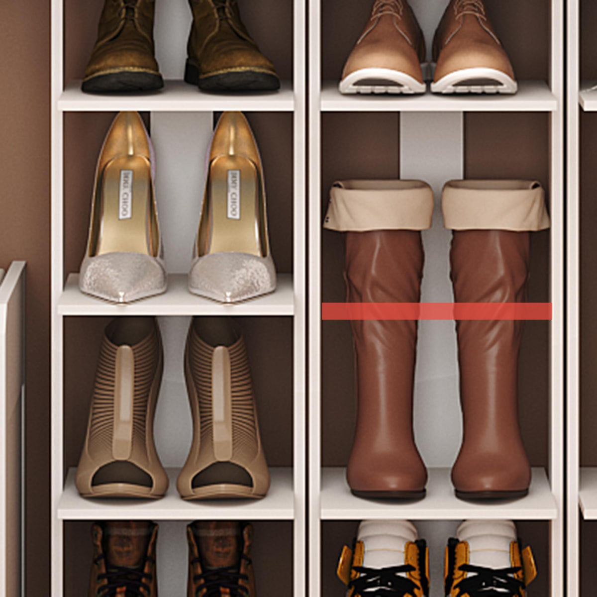 HOMEFORT white finish shoe rack in a bright entryway complements contemporary interiors