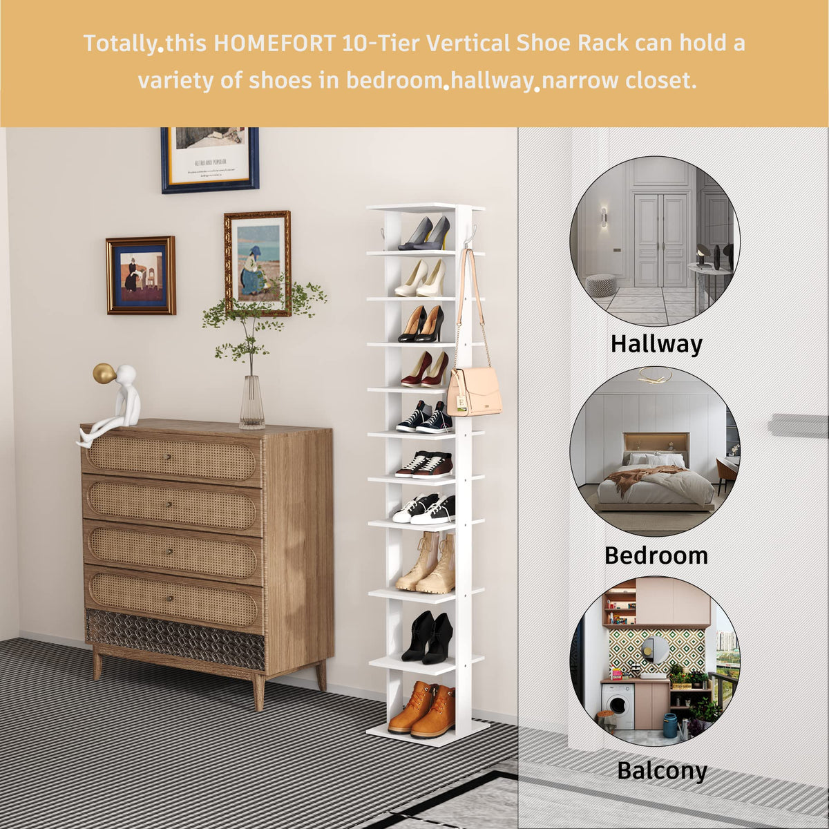 HOMEFORT corner shoe tower beside a closet door showcasing space-saving design