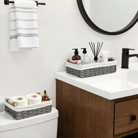 HomeHacks grey multi-use baskets illustrating versatile placement in homes