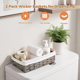 HomeHacks grey toilet tank top storage baskets demonstrating bathroom organization