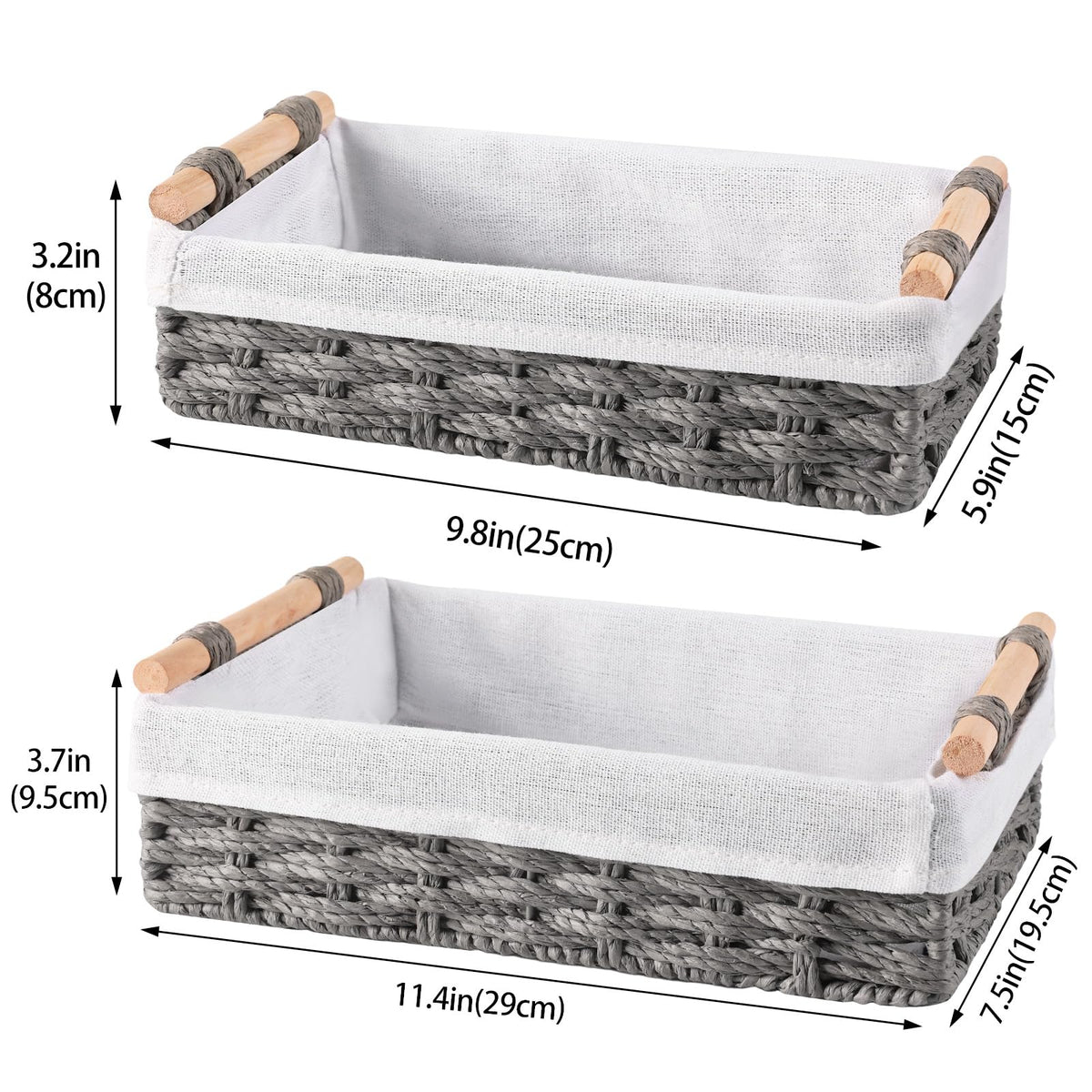 HomeHacks grey baskets with maple wood handles highlighting design details for decor