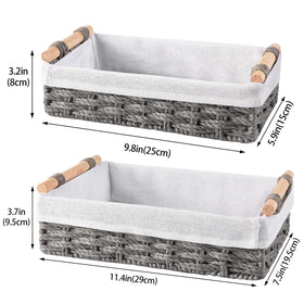 HomeHacks grey baskets with maple wood handles highlighting design details for decor