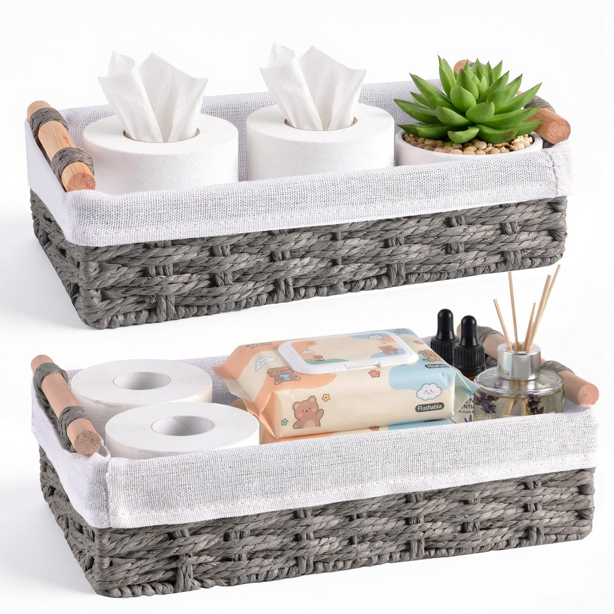 HomeHacks 2-pack grey paper rope baskets with handles on a tabletop for organized storage