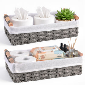 HomeHacks 2-pack grey paper rope baskets with handles on a tabletop for organized storage