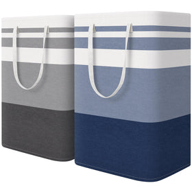 HomeHacks two-pack laundry baskets show a freestanding frame for upright loading.