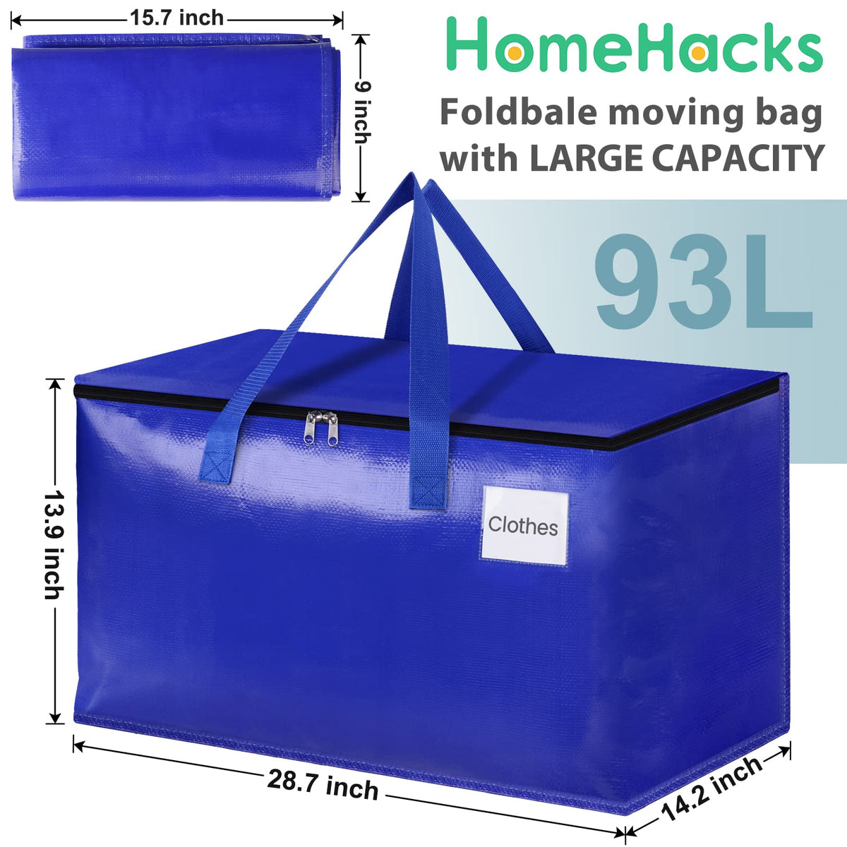 HomeHacks blue 93L moving bag with wide dual-zipper opening for easy packing