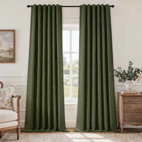 HOMEIDEAS blackout curtain in olive-green blocks light for daytime movie marathons.