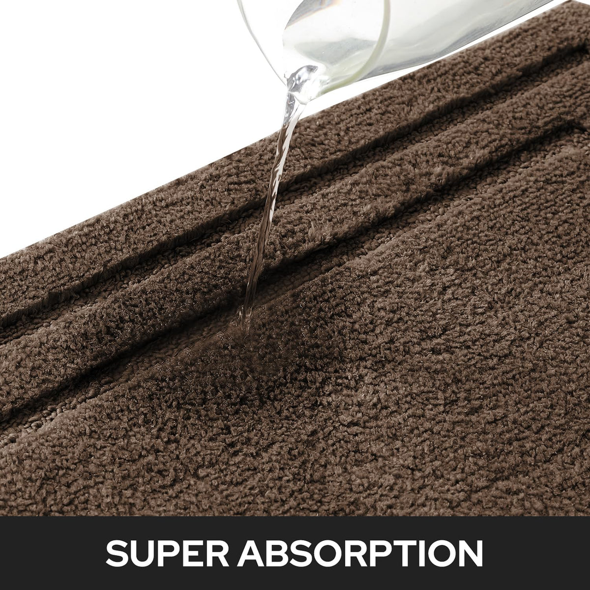 HOMEIDEAS non-slip brown bath rug back prevents shifting on dry smooth floors.