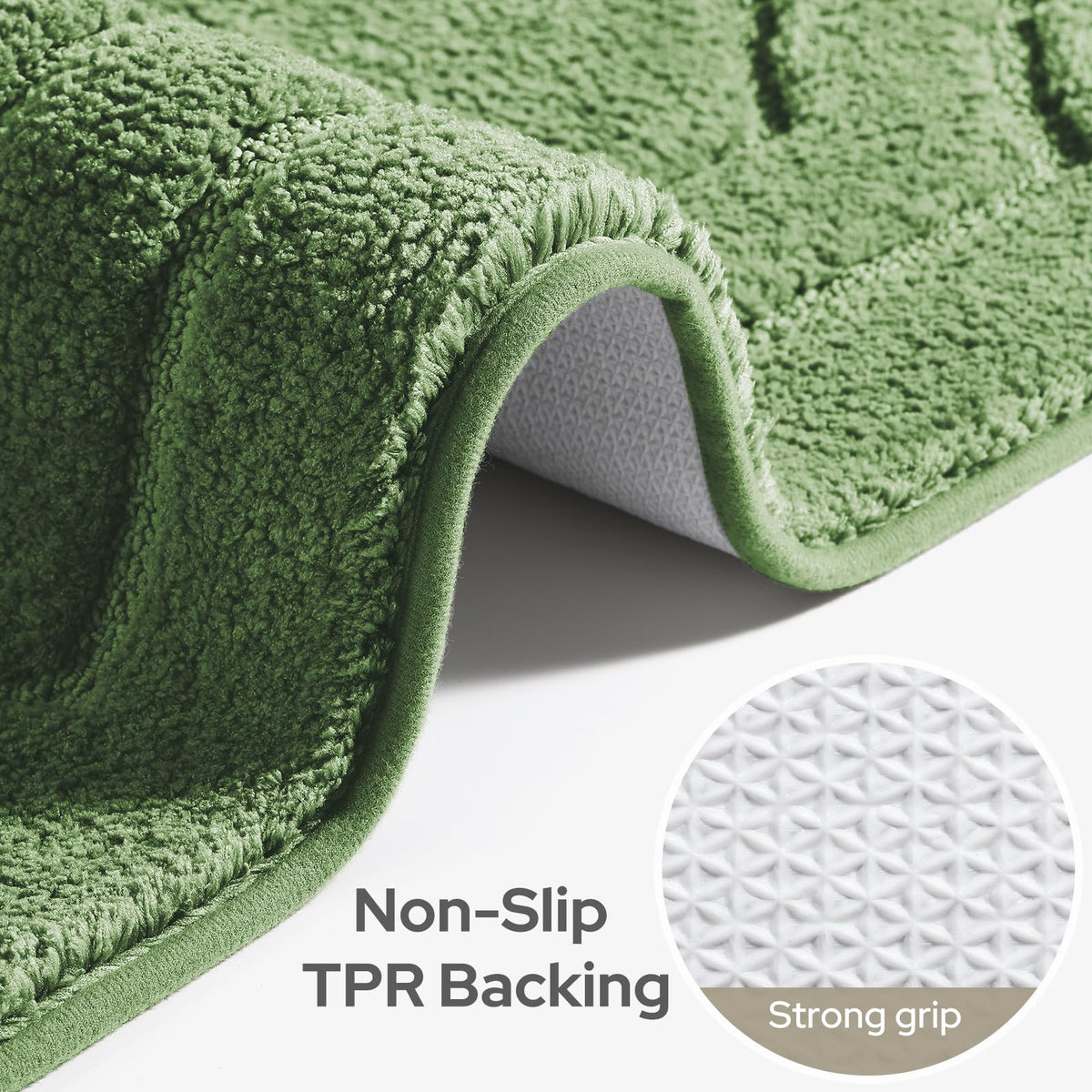 HOMEIDEAS microfiber texture close-up on sage green rug highlights absorbent fibers.