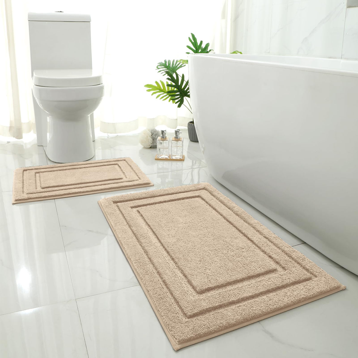 HOMEIDEAS beige bathroom rug set 20x32 with plush microfiber for warm feet.