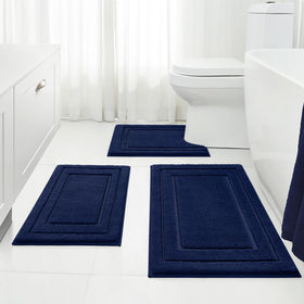 HOMEIDEAS 3-piece navy blue bathroom rug set features plush microfiber for everyday comfort.