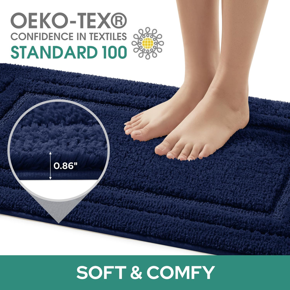 HOMEIDEAS navy blue bath mats with non-slip backing ensure stability on smooth floors.