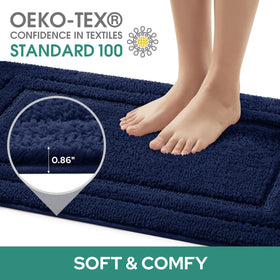 HOMEIDEAS navy blue bath mats with non-slip backing ensure stability on smooth floors.