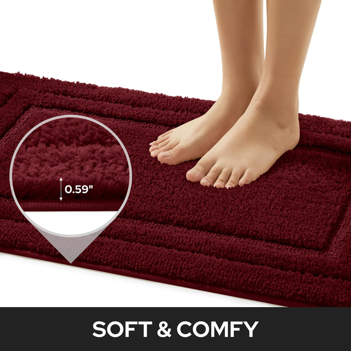 HOMEIDEAS burgundy red bath rug with non-slip backing for secure footing on smooth floors.
