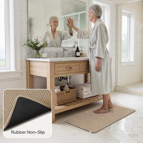 HOMEIDEAS beige bathroom rug set 24x17 side view demonstrates slim profile fits under doors.