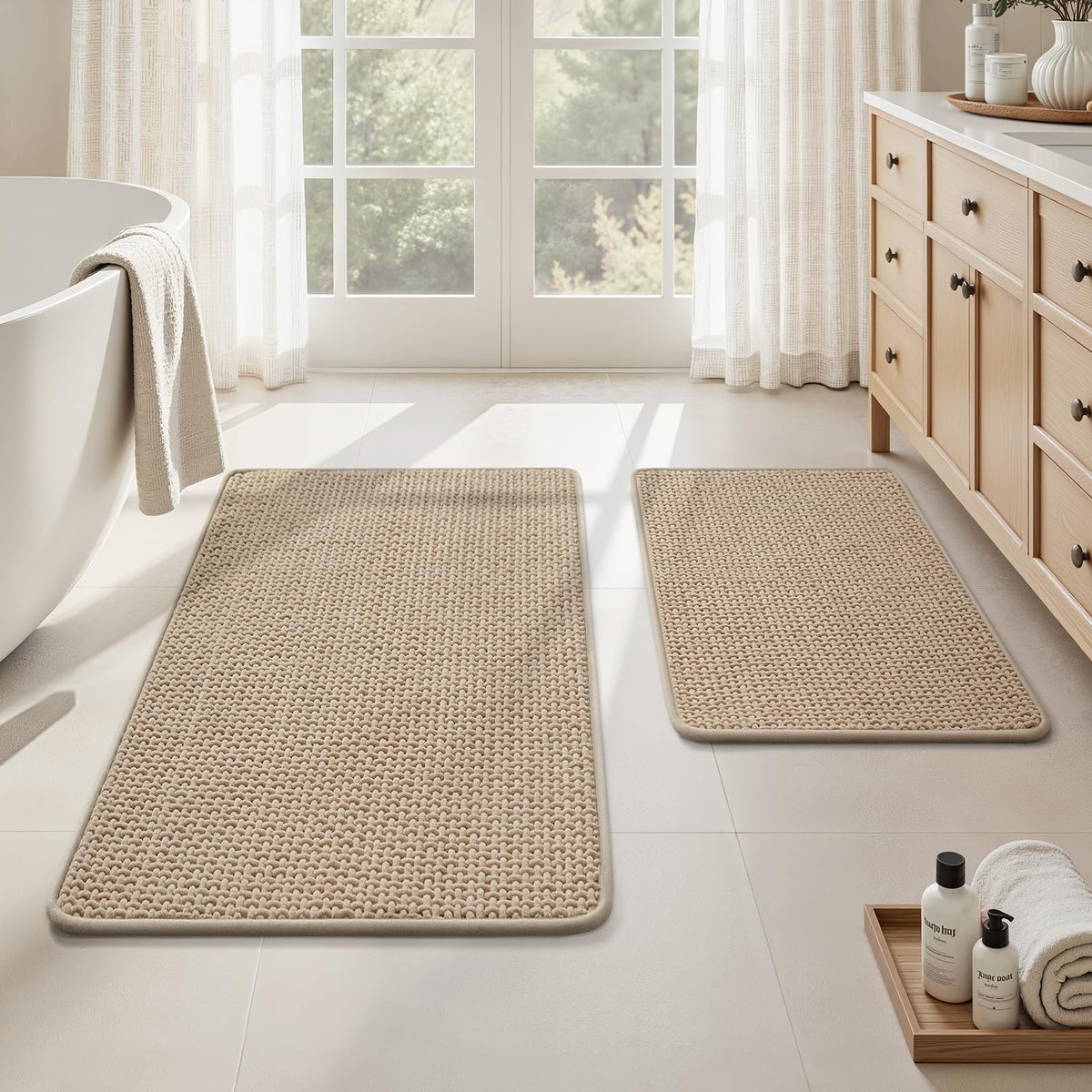 HOMEIDEAS beige bathroom rug set front view shows plush chenille for quick water absorption.