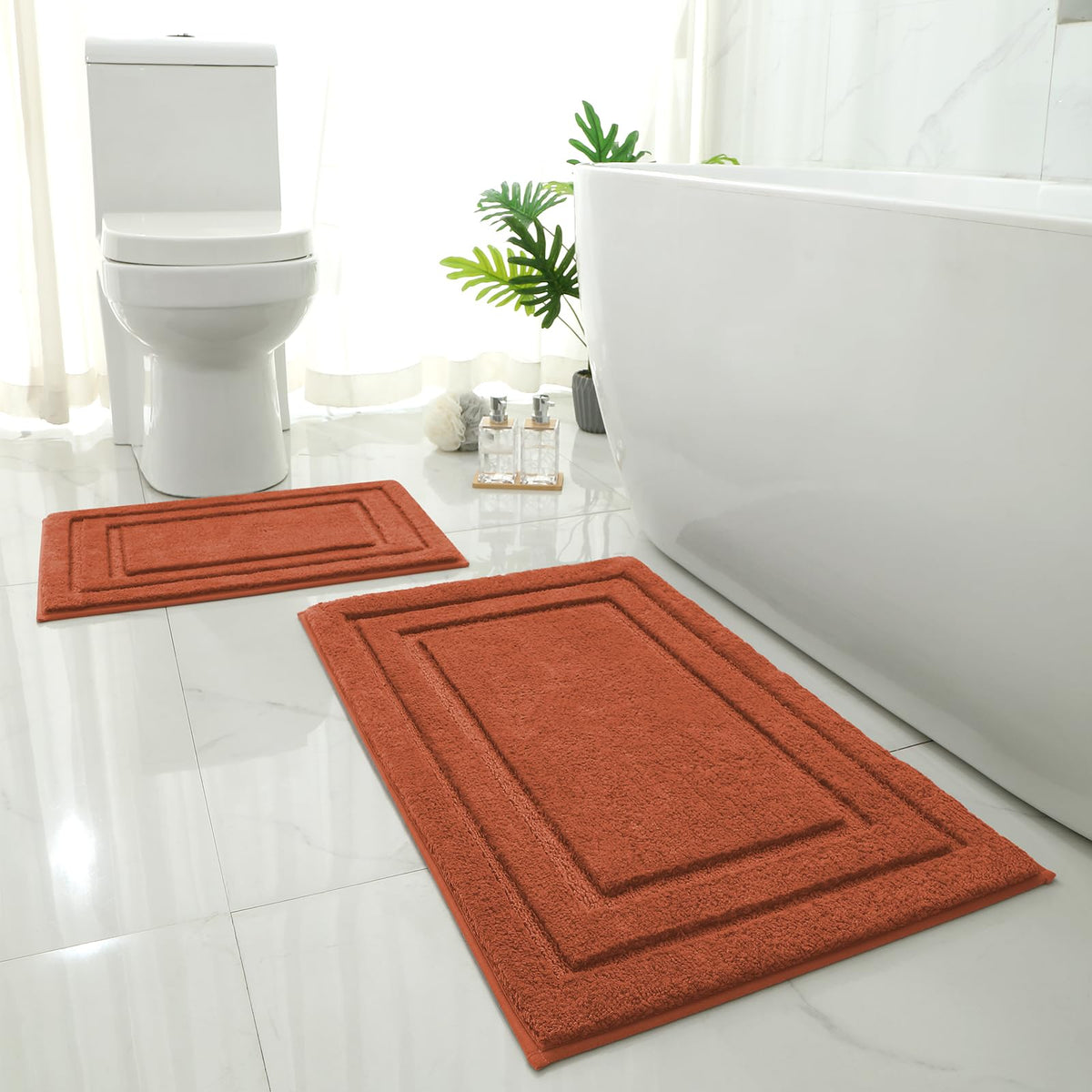 Homeideas burnt orange bath rug set close-up, plush underfoot after shower