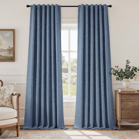 HOMEIDEAS blackout-curtains in stone dusty blue with linen texture close-up.