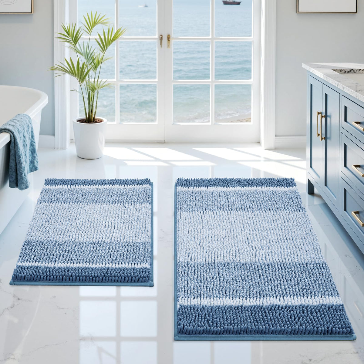 HOMEIDEAS blue bath rugs set 2pc absorbent for a dry, cozy bathroom floor.