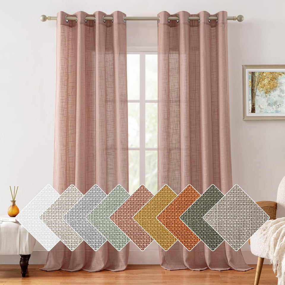 HOMEIDEAS blush pink linen-textured sheer curtains diffuse natural light for a warm, inviting room