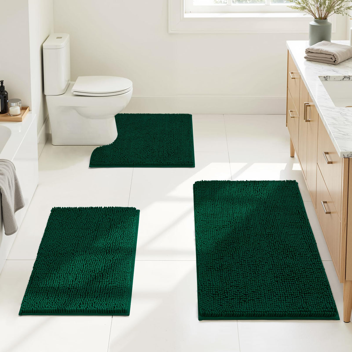 HOMEIDEAS chenille bath rug set in dark green for plush comfort and non-slip safety