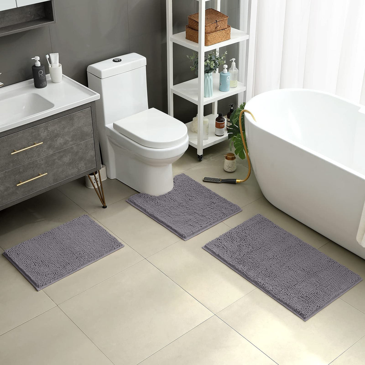 HOMEIDEAS contoured U-shape rug 20x24 provides anti-slip safety on tile.